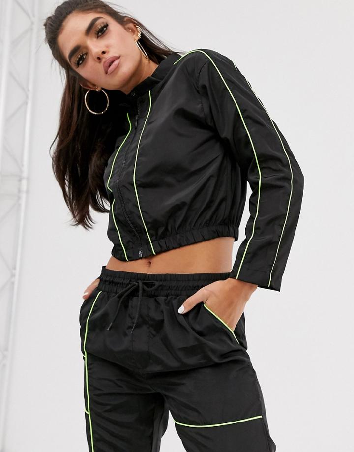 Qed London Contrast Piping Cropped Jacket In Black And Lime Two-piece