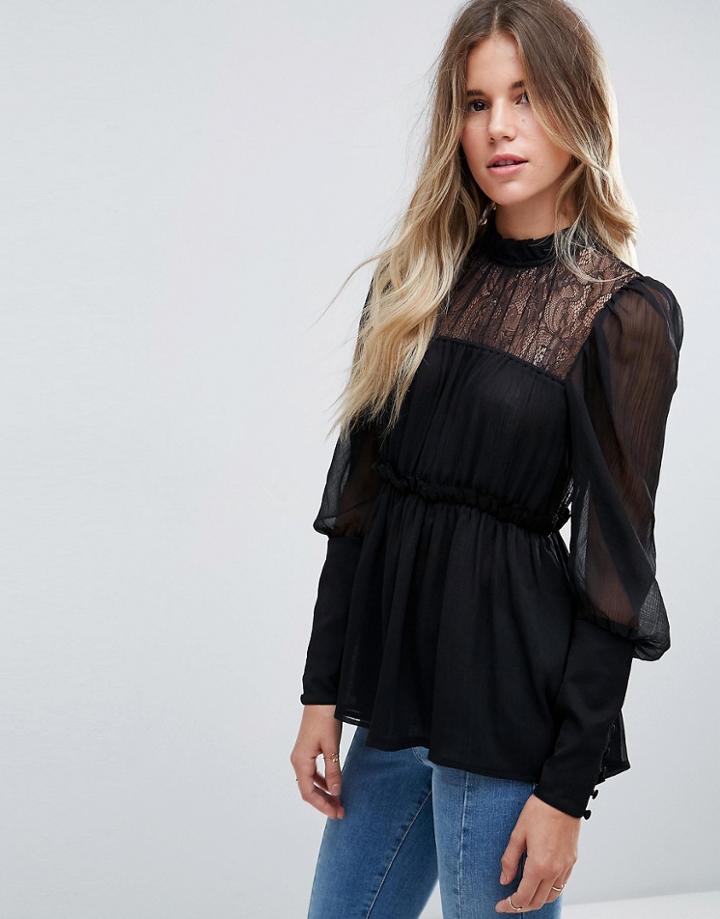 Asos Lace Mix Smock Blouse - Black