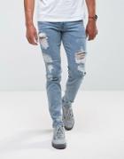 Asos Stretch Slim Jeans In Vintage Light Wash With Heavy Rips - Blue