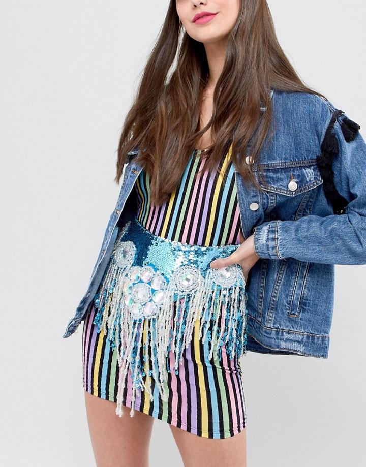 Savage Rainbow Iridescent Beaded Belt Skirt-multi