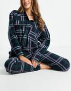 Chelsea Peers Recycled Polyester Plaid Shacket And Sweatpants Set In Black/green-multi