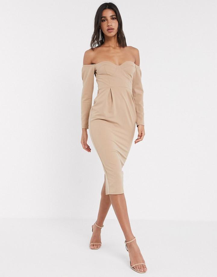 Asos Design Fallen Shoulder Bust Cup Midi Dress In Mocha-brown