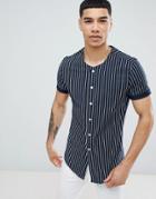 Asos Design Skinny Baseball Collar Stripe Shirt - Navy