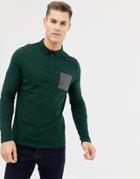 Asos Design Long Sleeve Polo Shirt With Contrast Pocket In Khaki - Green