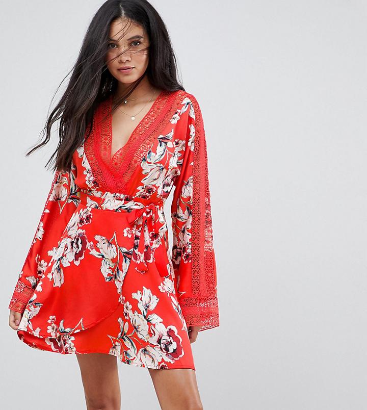 Kiss The Sky Tall Wrap Front Tea Dress In Floral - Red