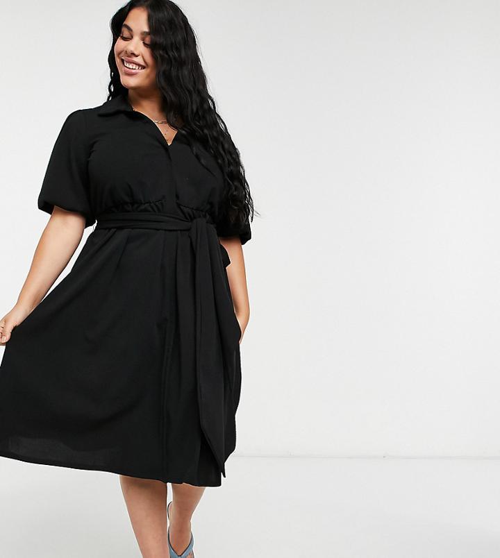 Asos Design Curve Wrap Shirt Midi Skater Dress With Self Belt In Black