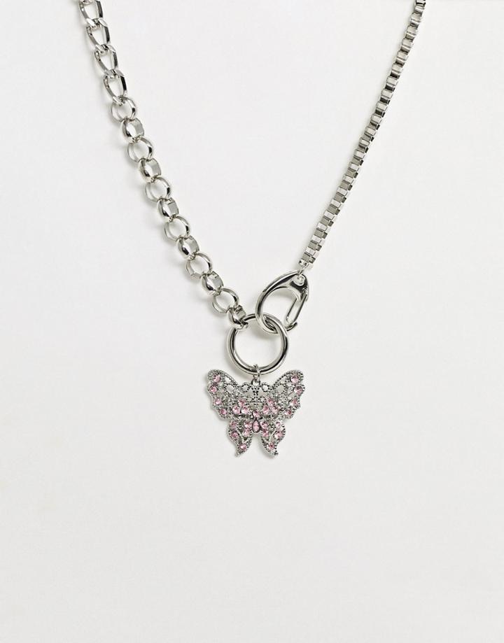Asos Design Necklace With Hardware Chain And Butterfly Pendant In Silver Tone