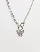 Asos Design Necklace With Hardware Chain And Butterfly Pendant In Silver Tone