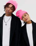 Collusion Unisex Fisherman Rib Beanie In Neon Pink - Pink