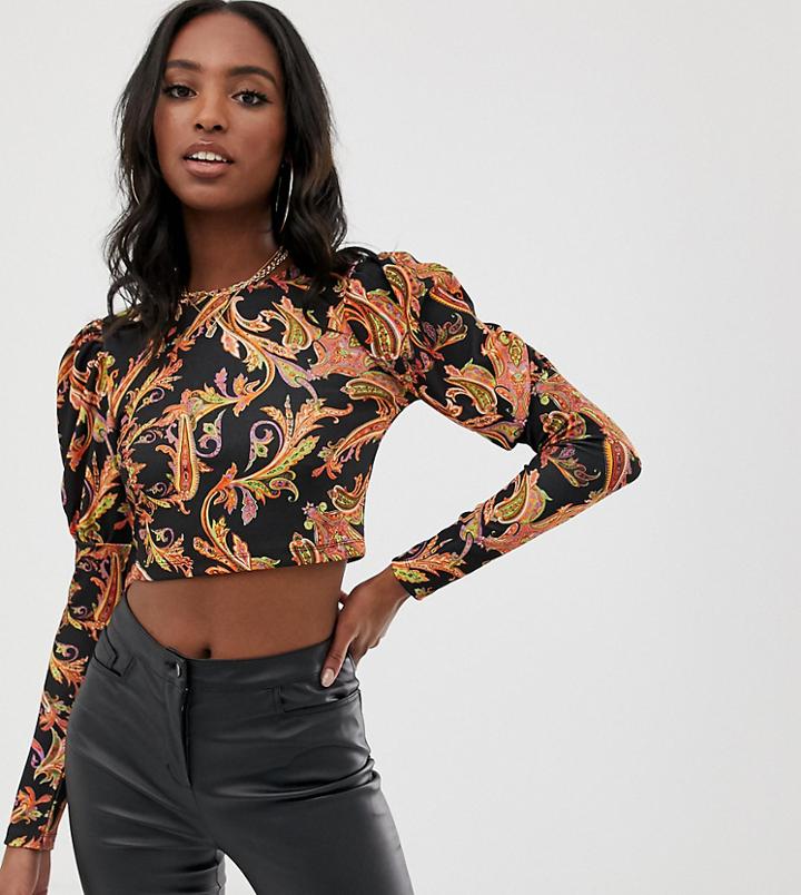 Asos Design Tall Long Sleeve Top With Puff Sleeve In Paisley Print - Multi