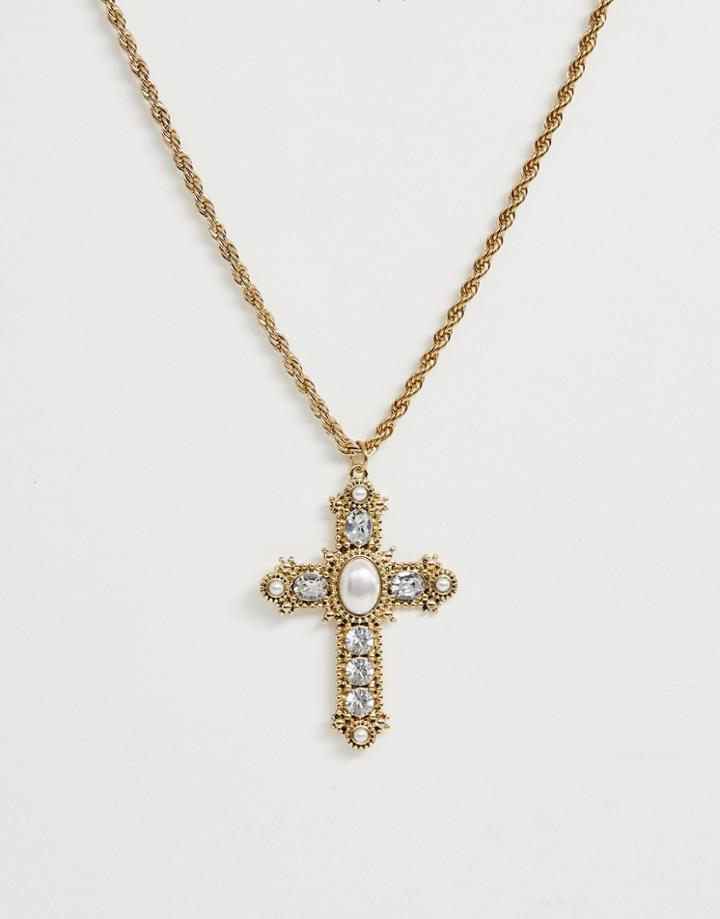 Reclaimed Vintage Inspired Statement Cross Detail Necklace With Faux Pearl Detail - Gold