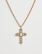 Reclaimed Vintage Inspired Statement Cross Detail Necklace With Faux Pearl Detail - Gold