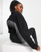 Urban Revivo Denim Jacket With Fringe Detail In Charcoal Gray