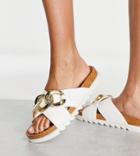 Asos Design Wide Fit Frenzy Cross Strap Flat Sandals With Chain In White