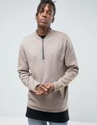 Asos Sweatshirt With Half Zip & Kangaroo Pocket - Beige