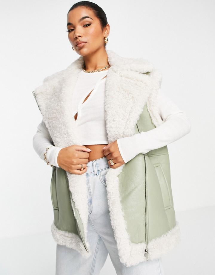 Asos Design Sherpa Bonded Shearling Vest In Sage-black
