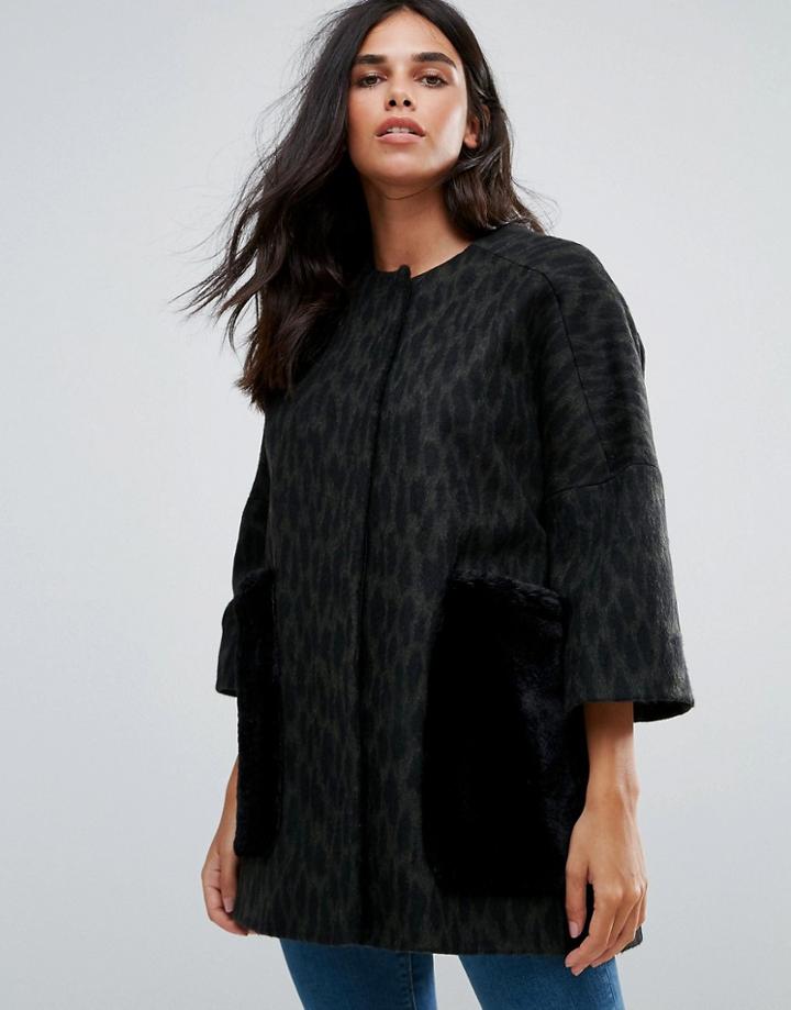 Helene Berman Wool Blend Kimono Coat With Faux Fur Pockets - Green