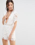 Misguided Lace Kimono Sleeve Romper - White