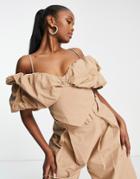 Asos Luxe Cotton Bubble Bardot Crop Top In Camel - Part Of A Set-brown