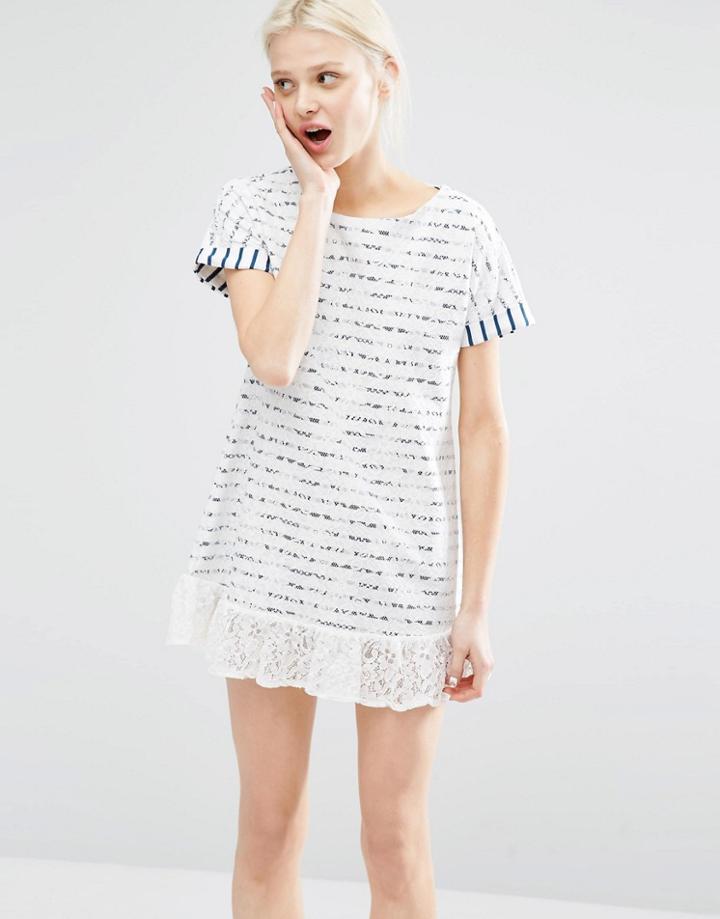 I Love Friday T-shirt Dress In Breton Stripe With Lace Trim Hem - White