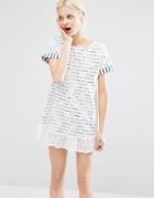 I Love Friday T-shirt Dress In Breton Stripe With Lace Trim Hem - White