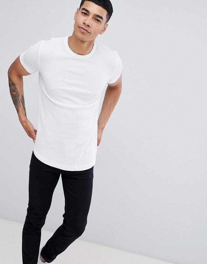 Asos Design Longline Waffle T-shirt With Curve Hem In White - White