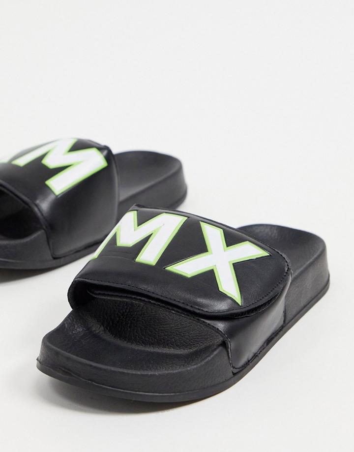 Asos Design Velcro Slides With Text-black