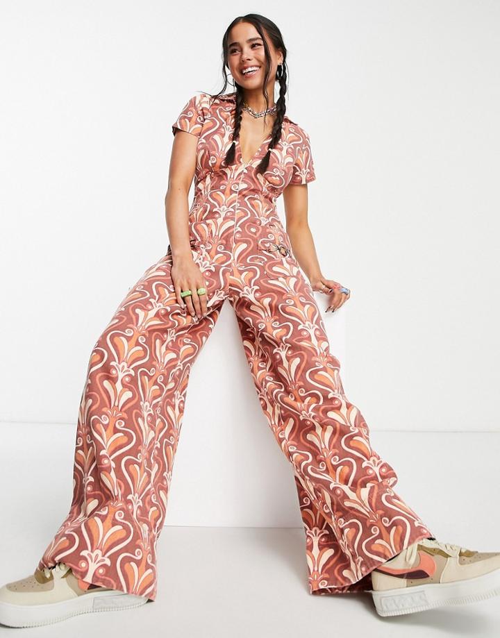 Asos Design Twill Collar Jumpsuit With Wide Leg In Retro Swirl Print-multi