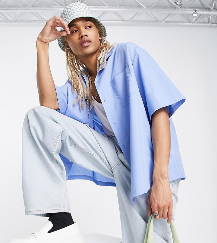 Collusion Boxy Revere Cotton Shirt In Blue