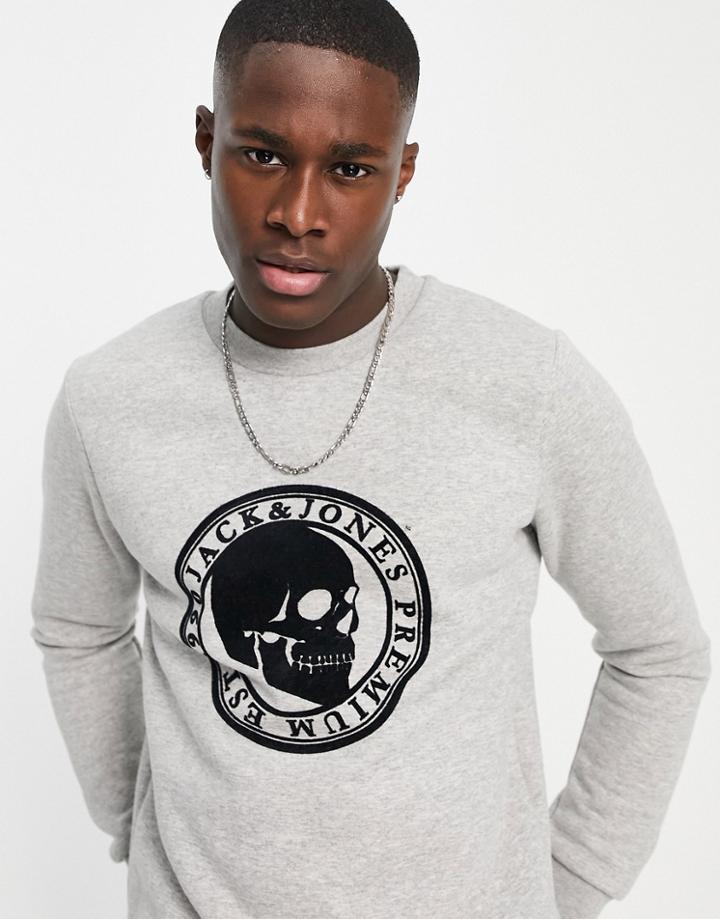 Jack & Jones Premium Sweat With Flocked Skull In Gray
