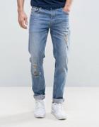Asos Stretch Slim Jeans With Rips And Abrasions Mid Blue - Blue