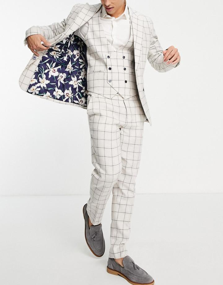 Gianni Feraud Skinny Fit Cream Windowpane Suit Pants-white