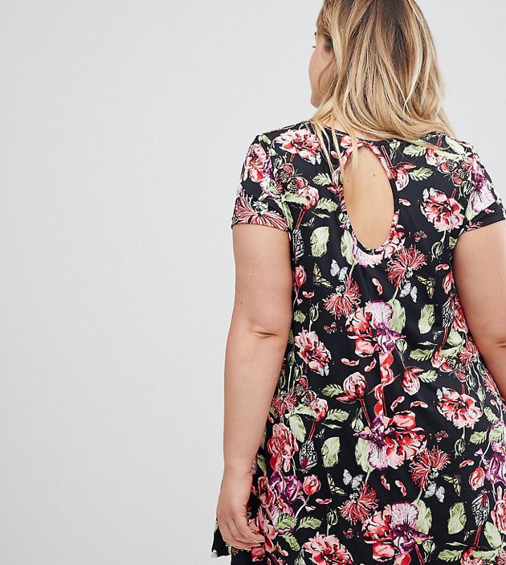Brave Soul Plus Swing Dress With Keyhole Back In Dark Floral Print - Black