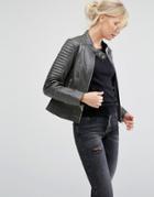 Barney's Originals Asymmetric Leather Biker Jacket With Quilted Shoulder Detail - Gray