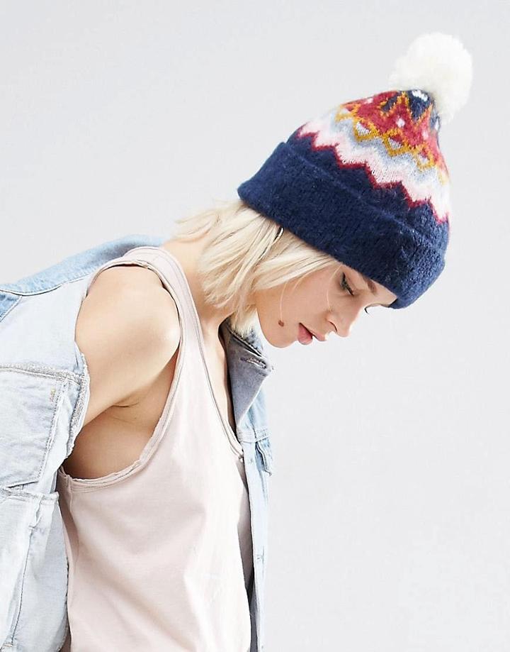 Asos Fluffy Fairsle Pom Beanie - Navy