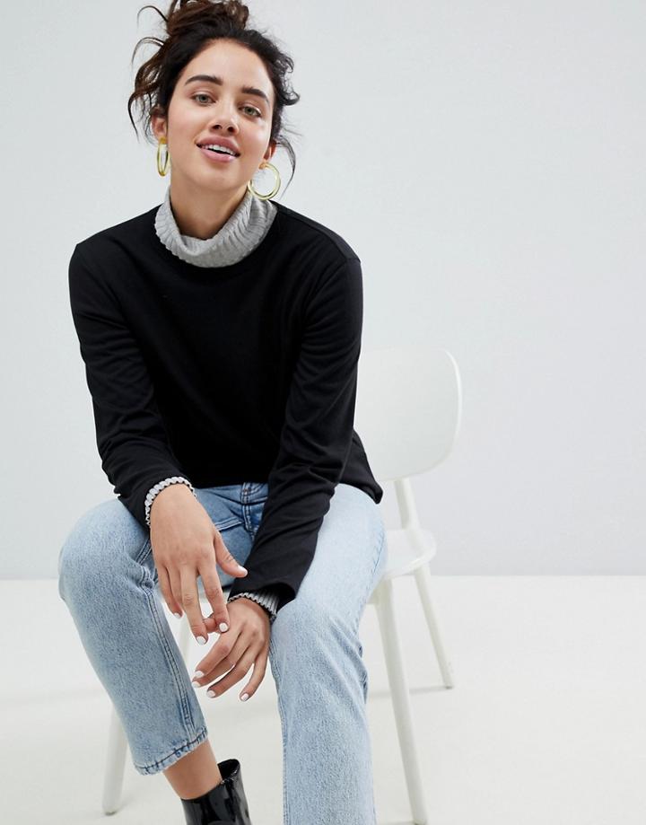 Monki Crew Neck Long Sleeve Top - Black