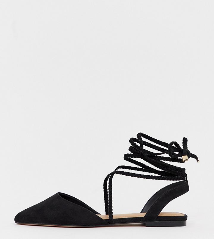 Asos Design Wide Fit Lawful Plaited Tie Leg Pointed Ballet Flats In Black