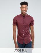 Asos Tall Slim Shirt In Burgundy With Short Sleeves - Red