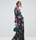 Asos Design Maternity Pleated Wrap Maxi Dress With Ruffle In Floral Print - Multi
