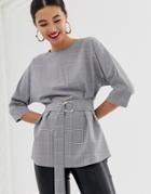 River Island Top With Belted Waist In Check-multi