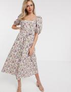 Asos Design Button Through Midi Dress With Puff Sleeves And Rhinestone Buttons In Ditsy Floral Print - Multi