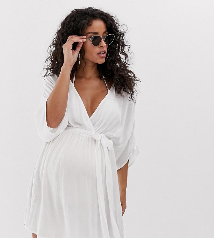 Asos Design Maternity Plunge Tie Waist Kimono Sleeve Crinkle Beach Cover Up In White