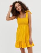 Asos Design Shirred Broderie Sundress With Tie Straps-yellow