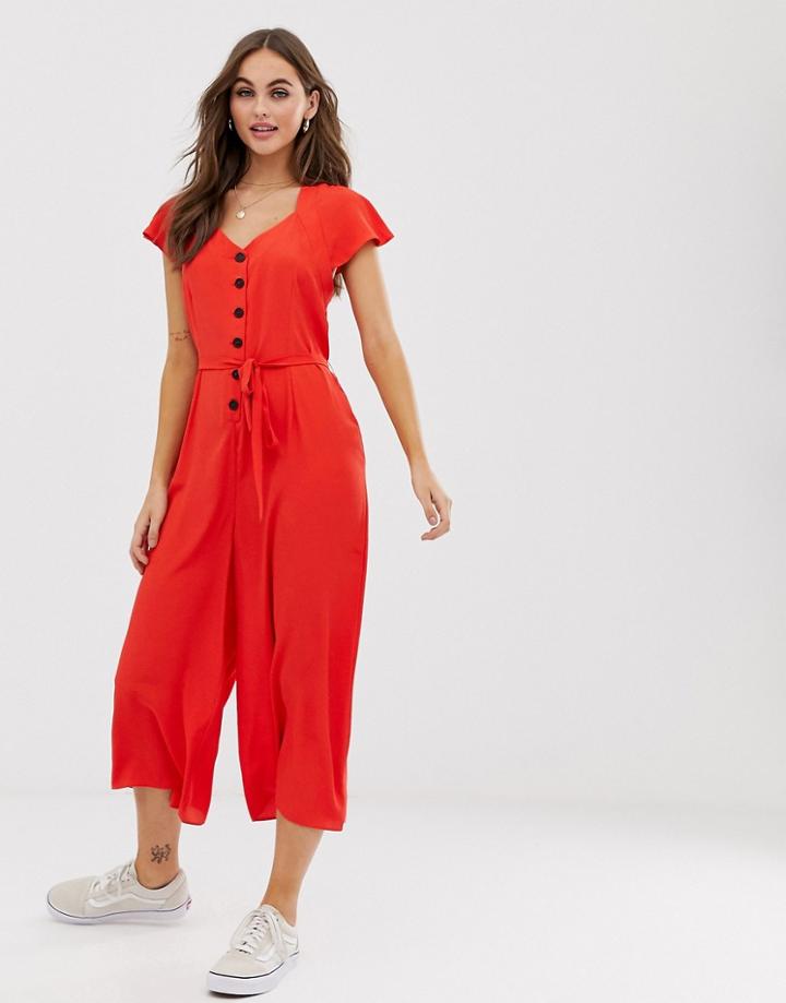 Asos Design Button Front Frill Sleeve Jumpsuit With Cut Out Back - Red
