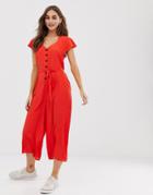 Asos Design Button Front Frill Sleeve Jumpsuit With Cut Out Back - Red