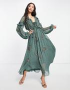 Asos Design Embellished Textured Midi Dress With Ruffle And Tie Detail-green