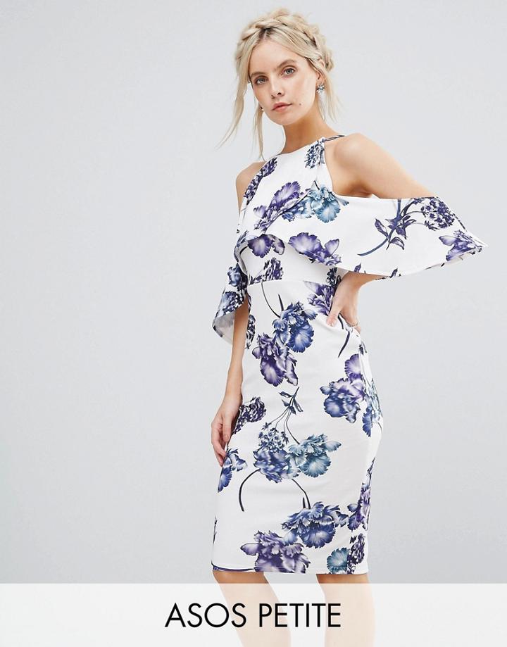 Asos Petite Textured Cold Shoulder Midi Porcelain Print Dress - Multi