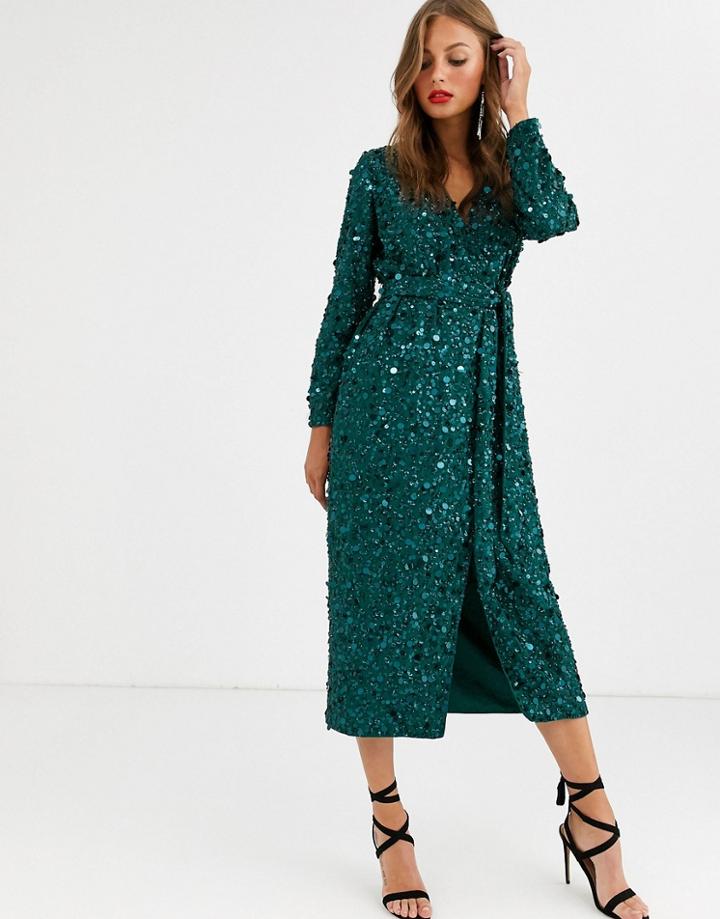 Asos Edition Wrap Midi Dress In Disc Sequin - Green