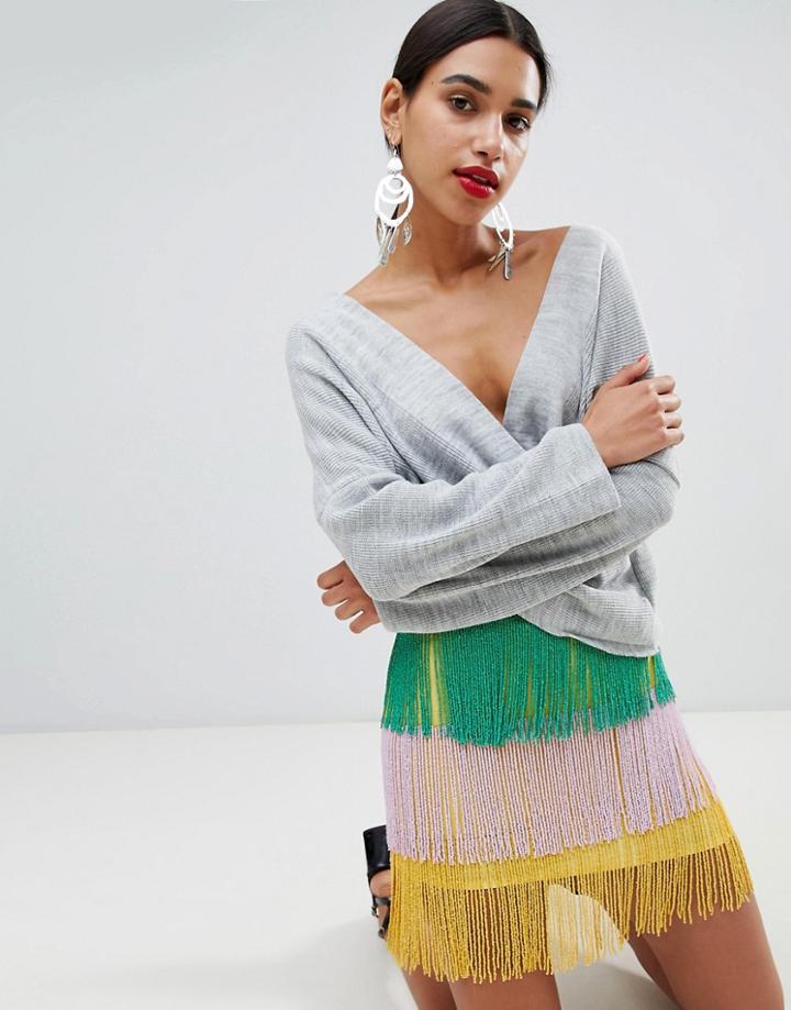 Boohoo Wrap Front Sweater - Gray