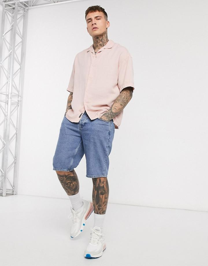 Pull & Bear Revere Collar Short Sleeve Shirt In Pink